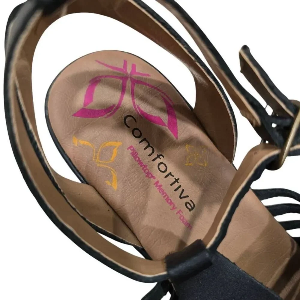 Comfortiva Strappy Sandals Women 7W Black Leather Pillowtop Memory Foam Open Toe